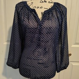 Navy Blue & White Polka Dot Button-Up Blouse